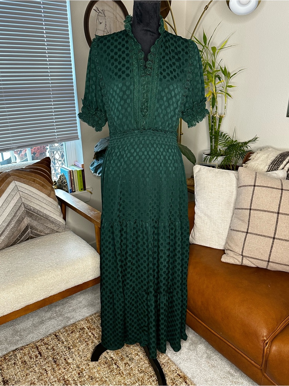 Max Studio Deep Emerald Maxi Dress with Textured Dot Fabric - Picture 2 of 10